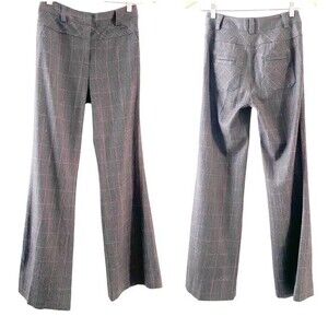 Diane Von Furstenberg Gray Wool Wide Leg Flare Pants Pink Window Pane Print 0